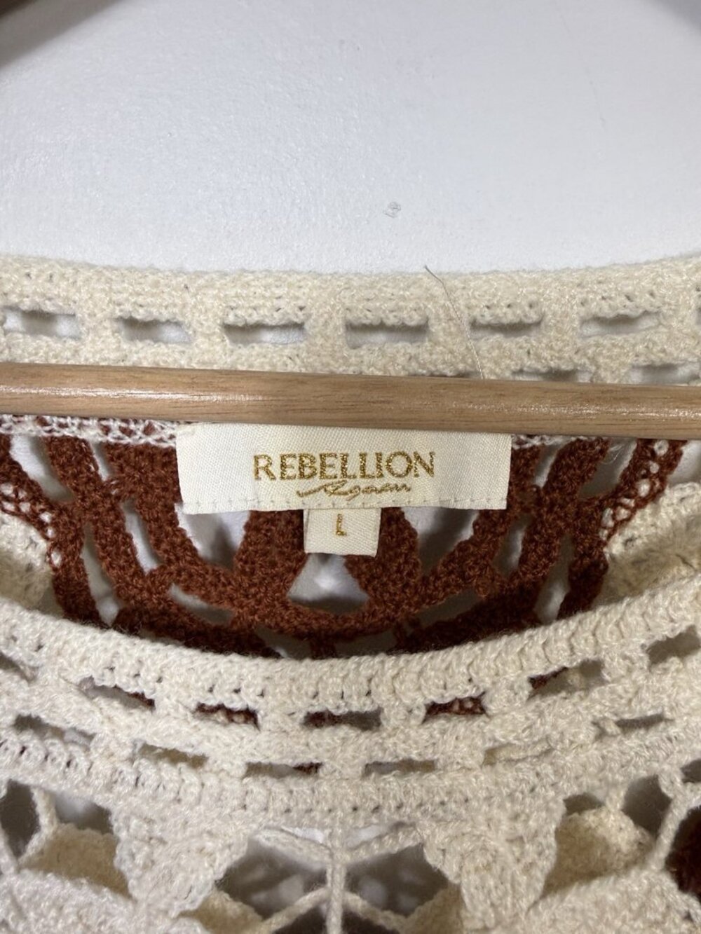 Rebellion Again Crochet Sweater Womens L Brown White Floral Open Boho Festival - Picture 7 of 11